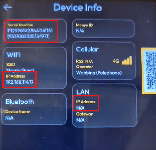 Device Info screen showing serial number, eSIM, and network details