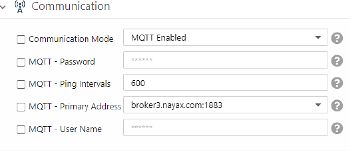 Communication settings with Communication Mode set to MQTT Enabled