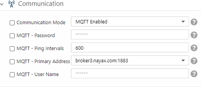 Communication settings with Communication Mode set to MQTT Enabled
