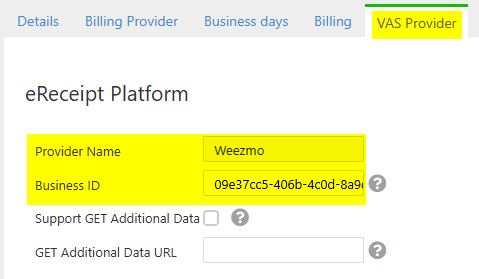 Operator VAS Provider tab showing eReceipt Platform with Provider Name and Business ID fields