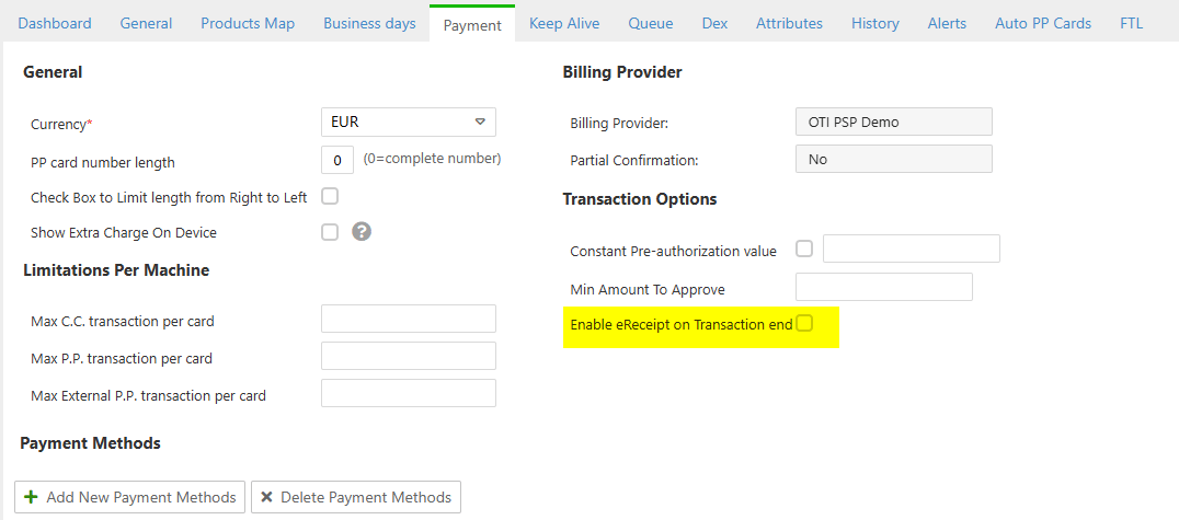 Machine Payment tab showing Enable eReceipt on Transaction end checkbox under Transaction Options