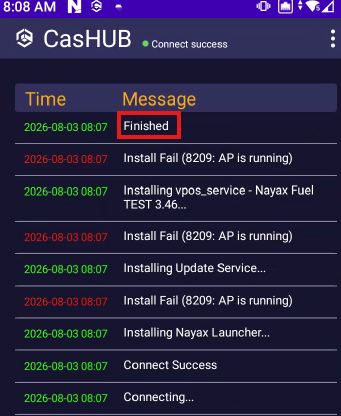 CasHub app showing the Finished status