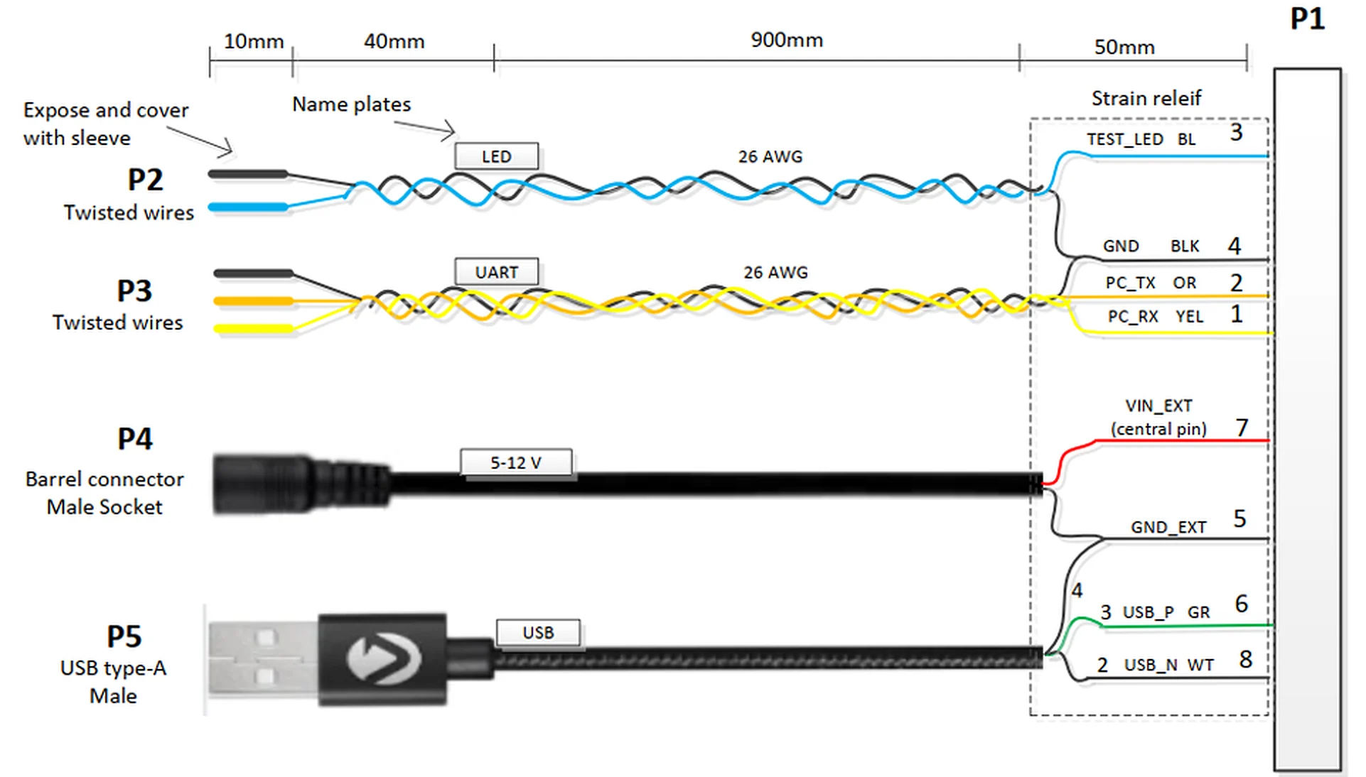 SDK interface cable assembly schematic showing connector, wire gauges, and all pin connections