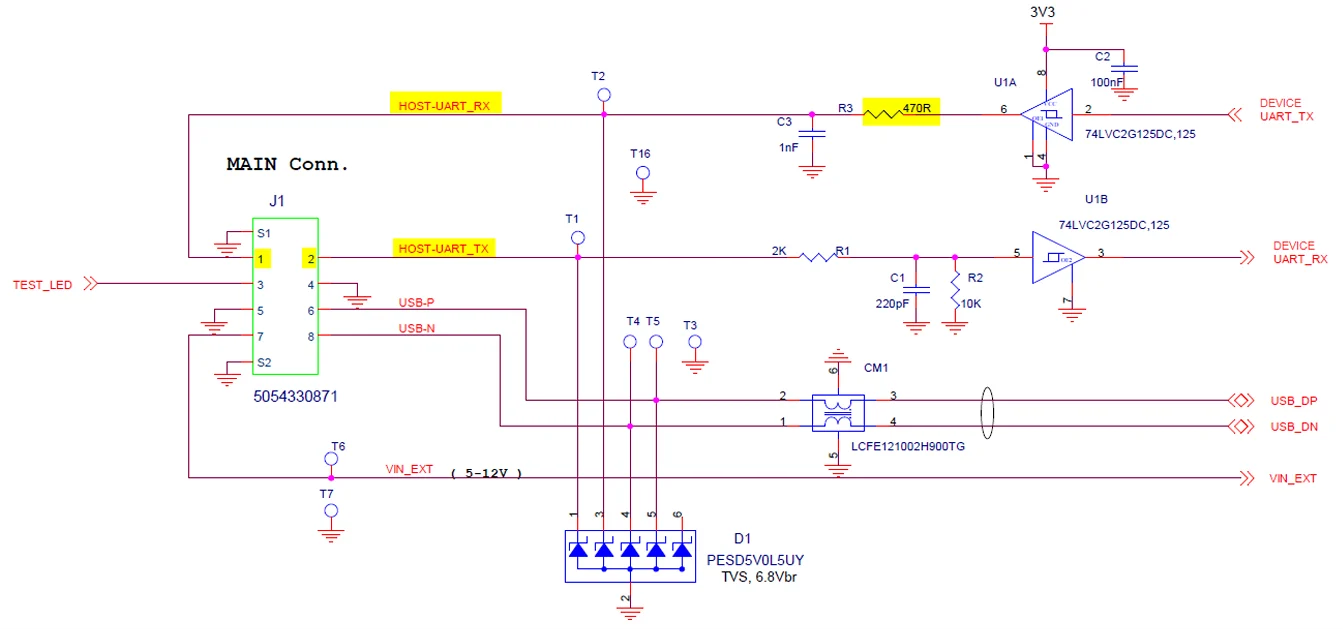 UART circuit schematic showing UNO-mini TX output with 470 Ω series resistor and host RX connection