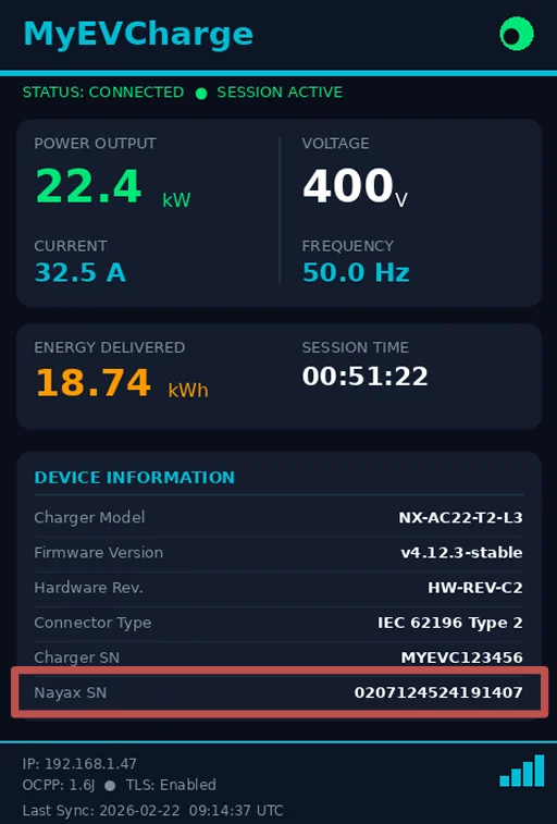 Machine display device information section showing the Nayax SN field highlighted