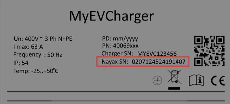 Machine label example showing the Nayax SN field highlighted