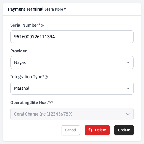 Payment Terminal form showing the Nayax provider with the Operating Site Host field