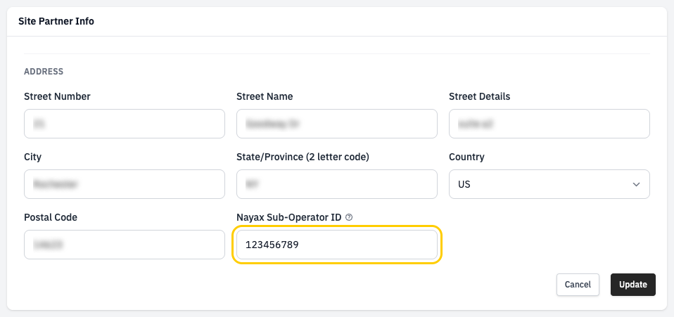 Nayax Sub-Operator ID field on the Site Partner Info form