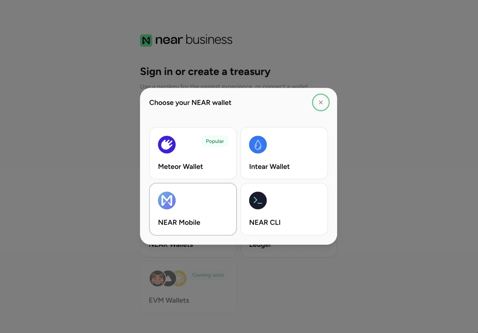 Crypto wallet selection options in the login modal
