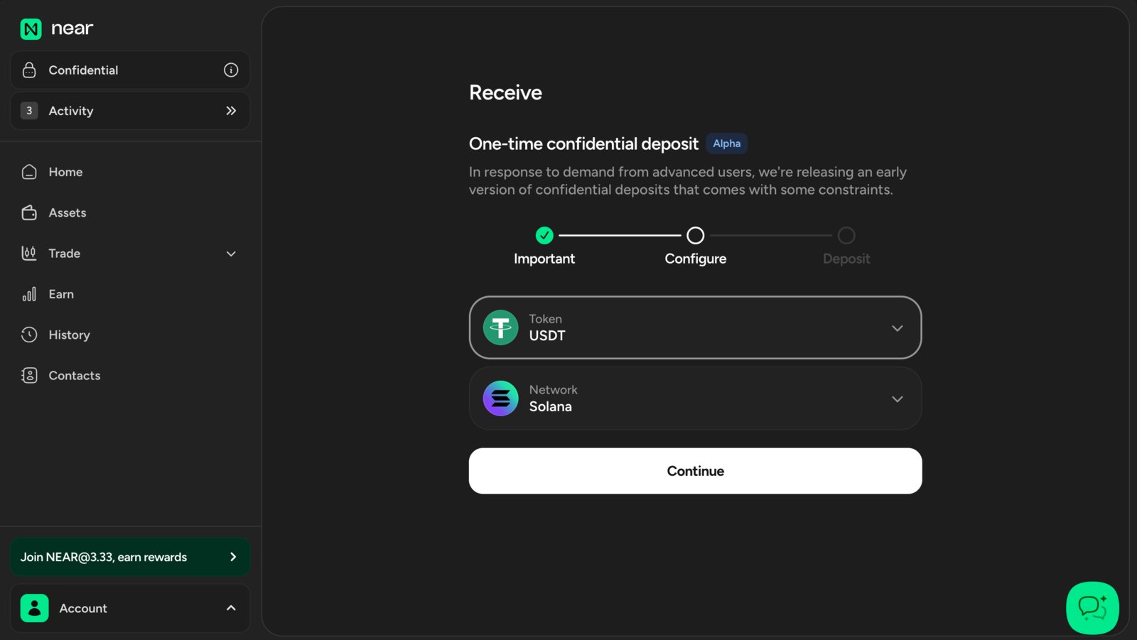 Receive funds screen