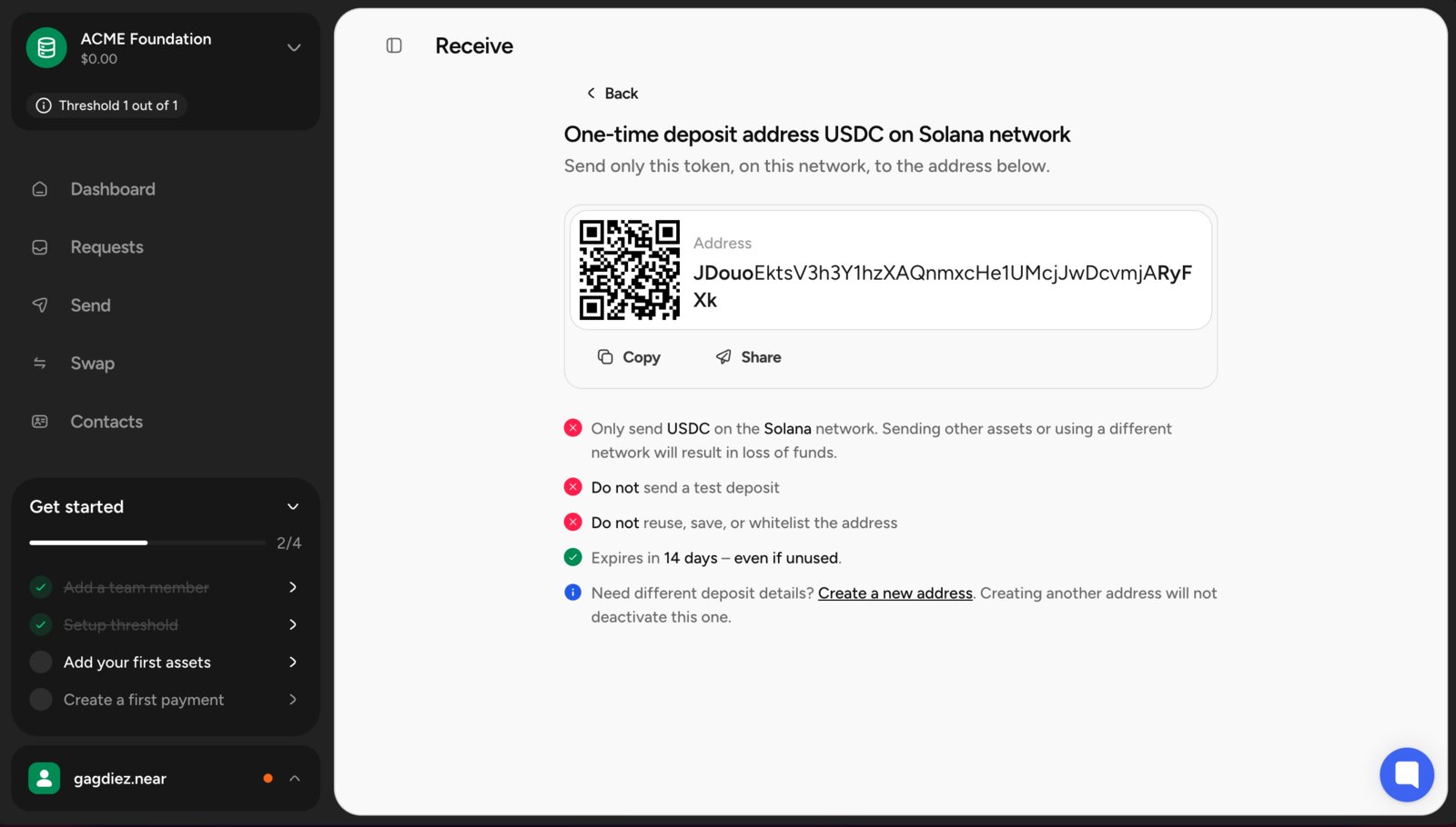 deposit through temporary address