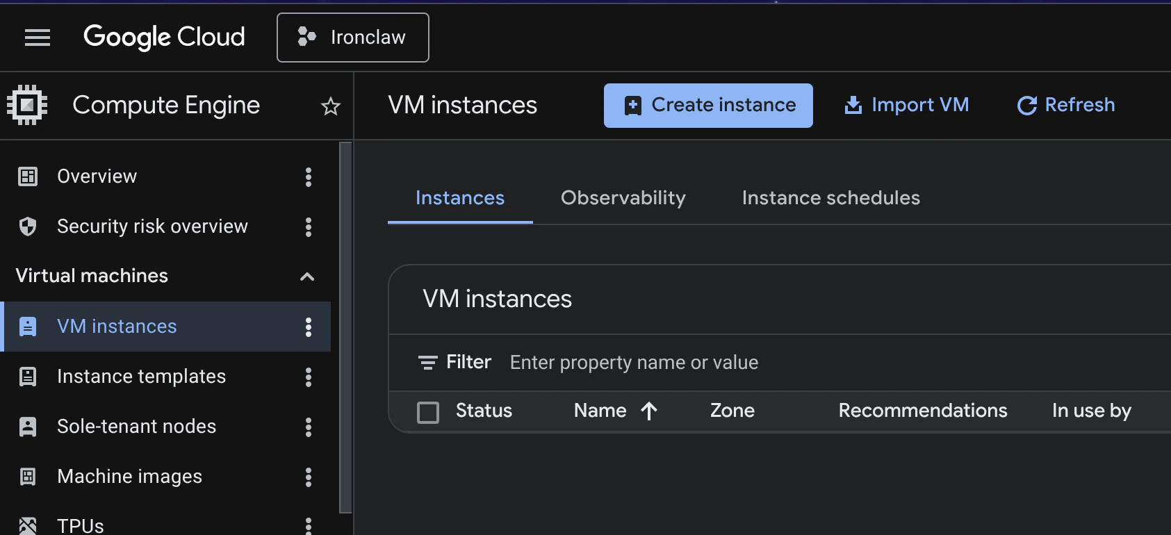 GCE VM instances landing page