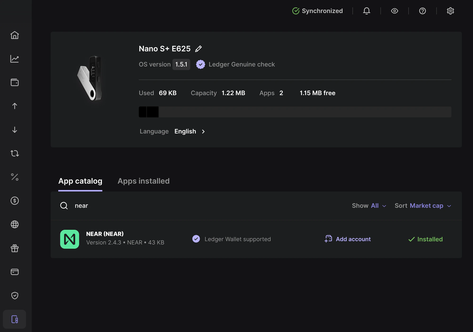 NEAR app installed in Ledger Live