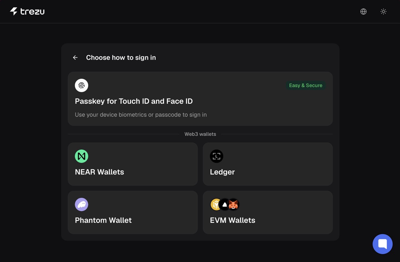 Trezu login modal with passkey and crypto wallet options