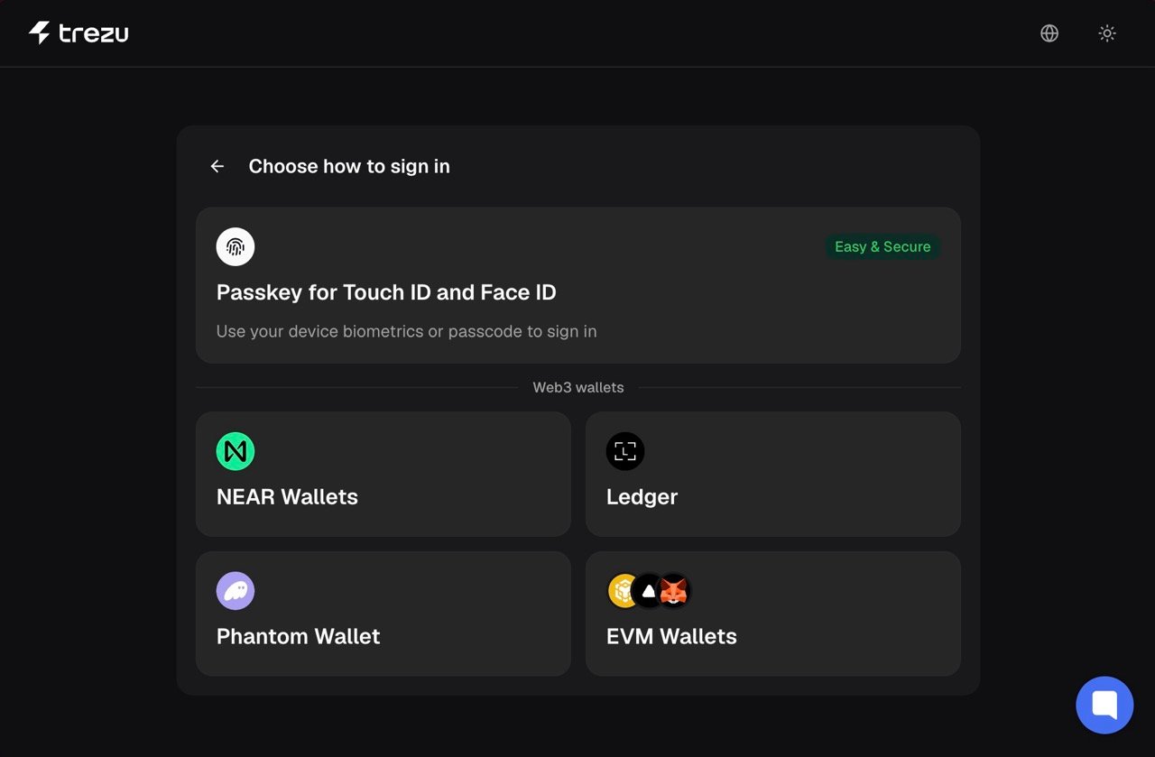 Trezu login modal with passkey and crypto wallet options