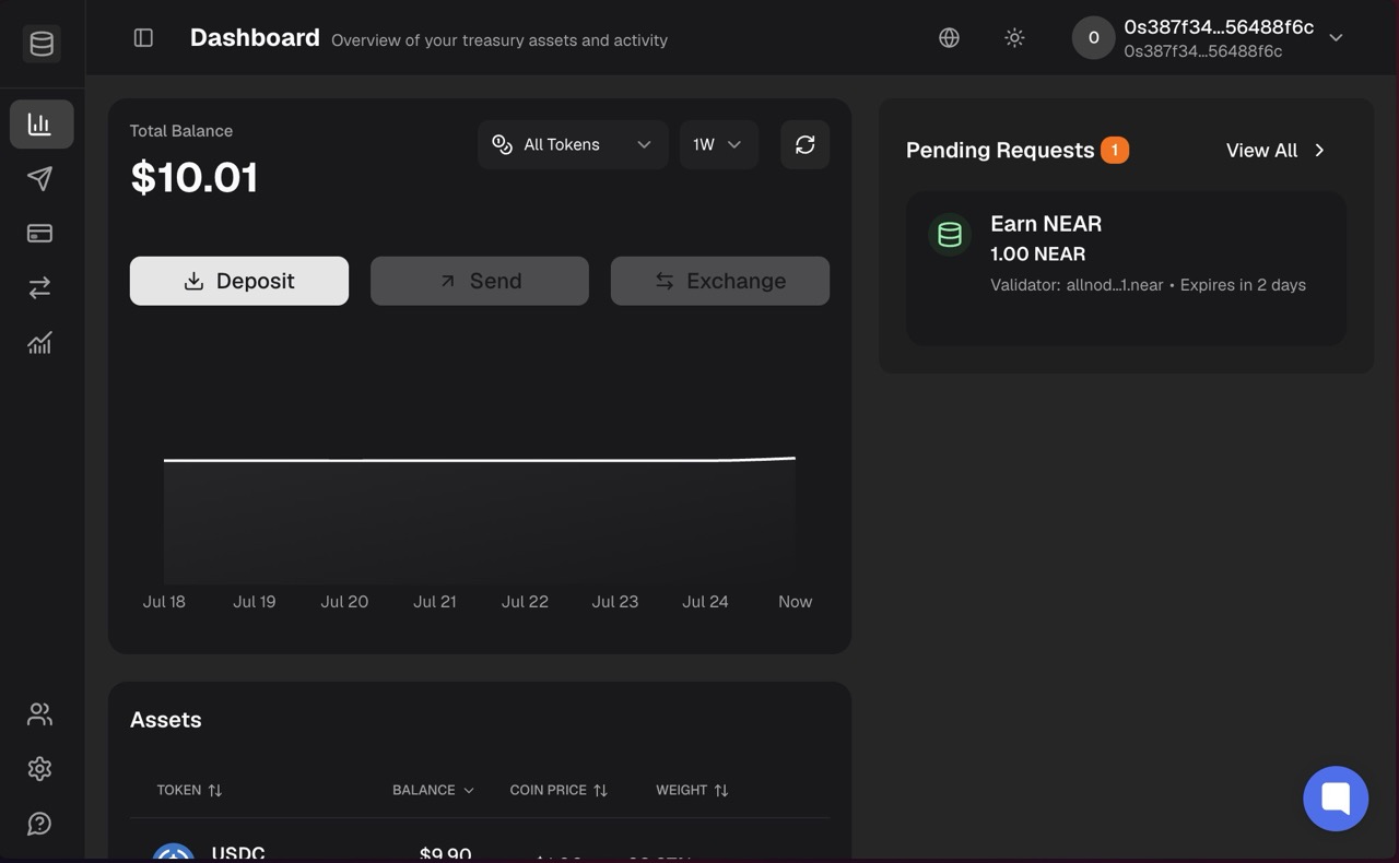Trezu dashboard after signing in with a passkey