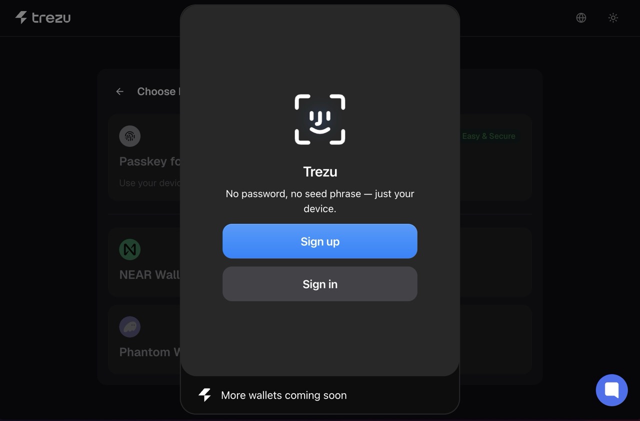 Passkey sign-up option in the Trezu login modal