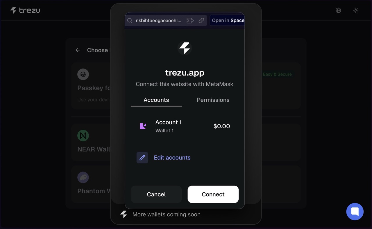 Crypto wallet selection options in the Trezu login modal