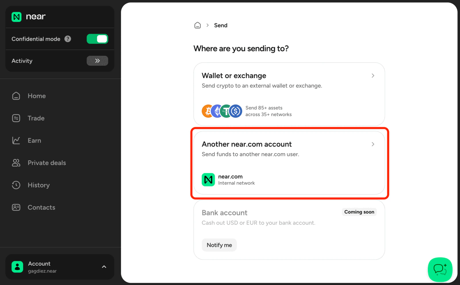Sending funds to another near.com account