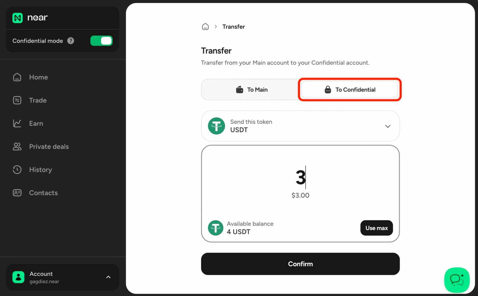 Transfer to confidential account