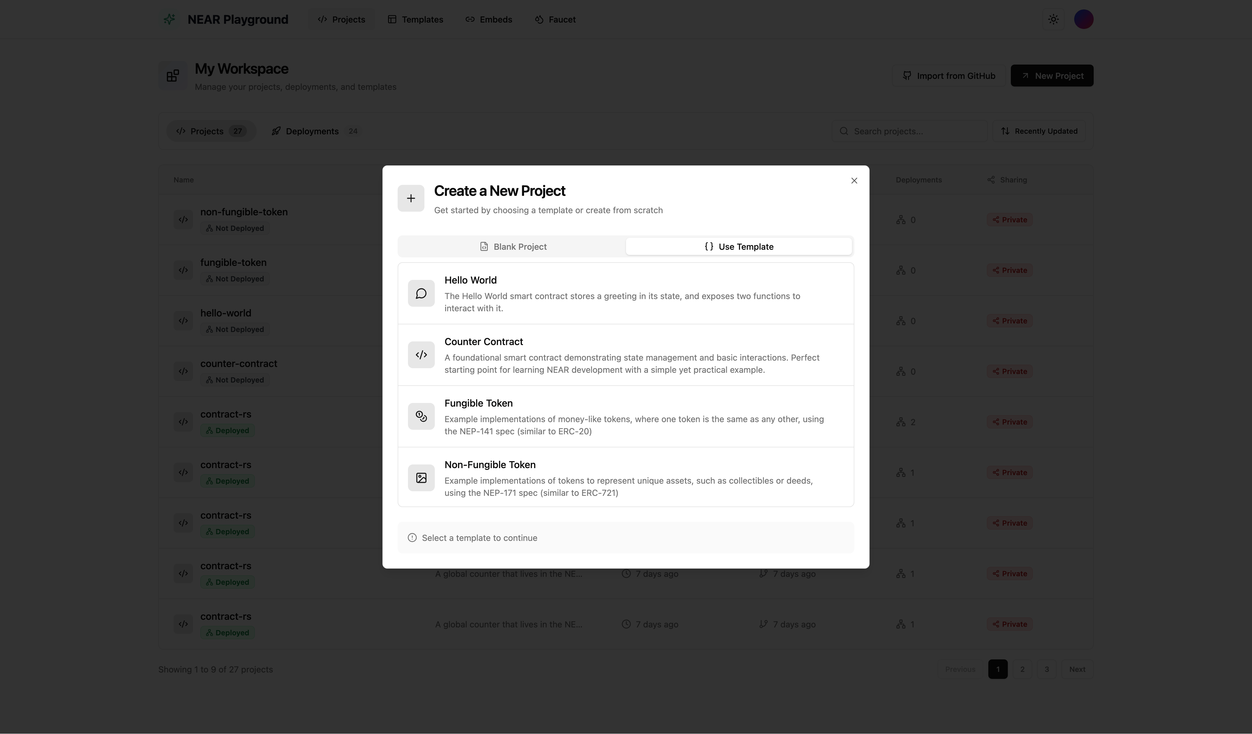 New project dialog