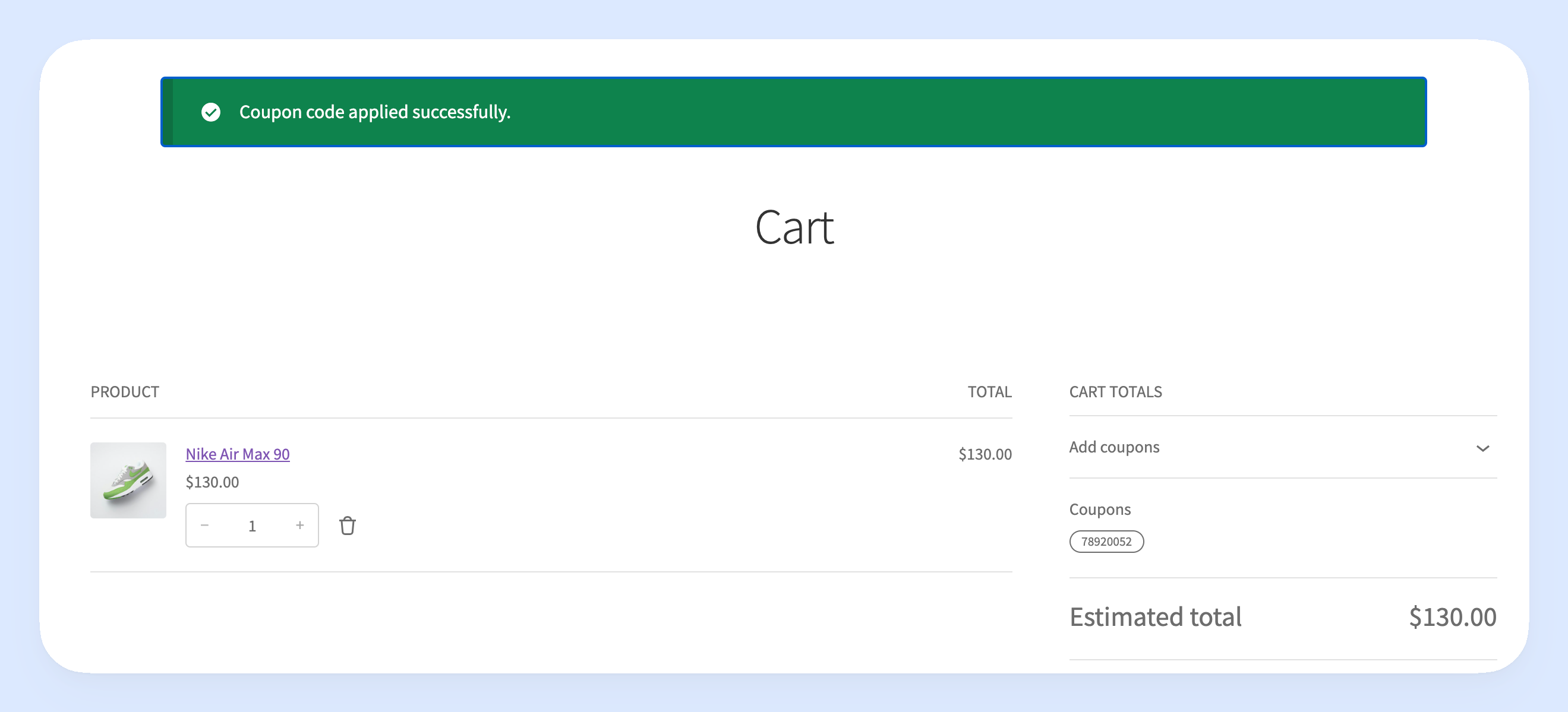 the cart has the coupon applied but no discount yet due to lack of extra eligible items