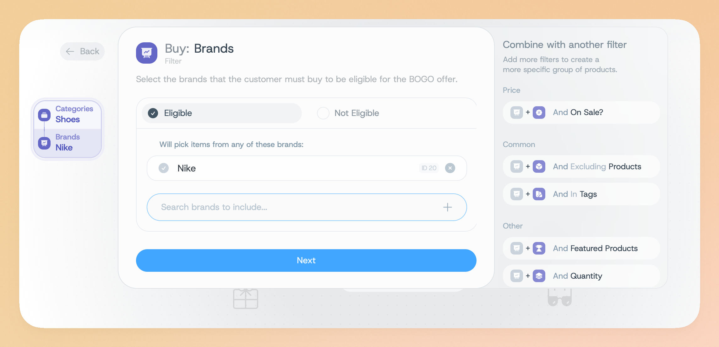 The filters selection screen showing the categories and brands filters
