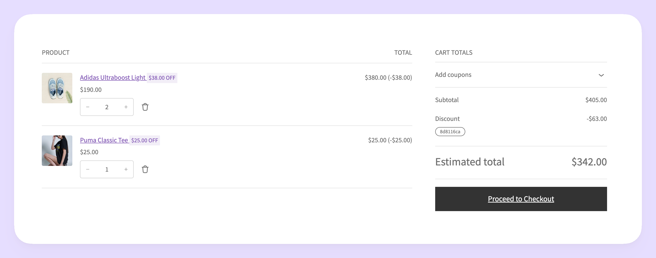 cart showing a discount applied to the shoes and a free tee