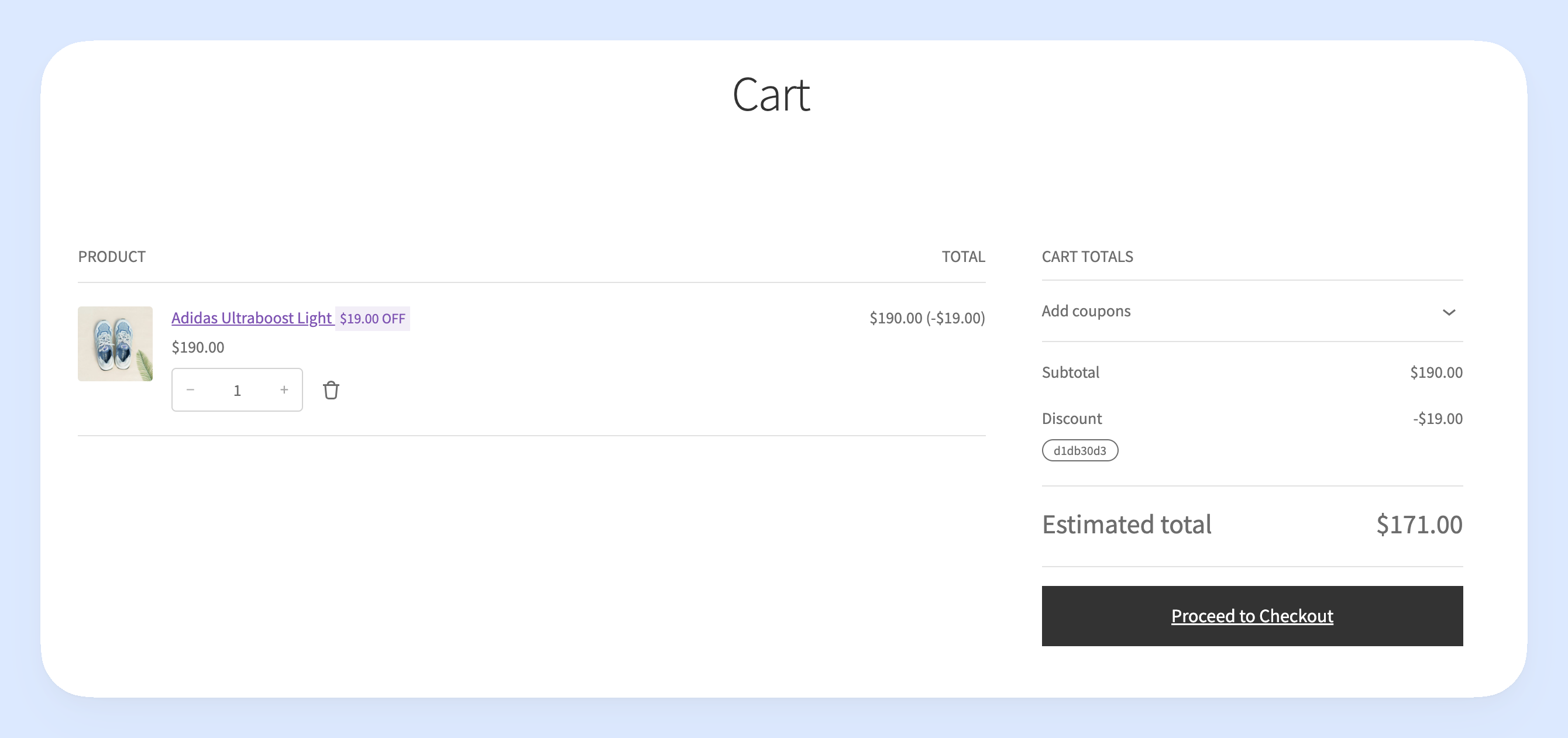 the cart page showing a pair of shoes with a 10 percent discount applied to them