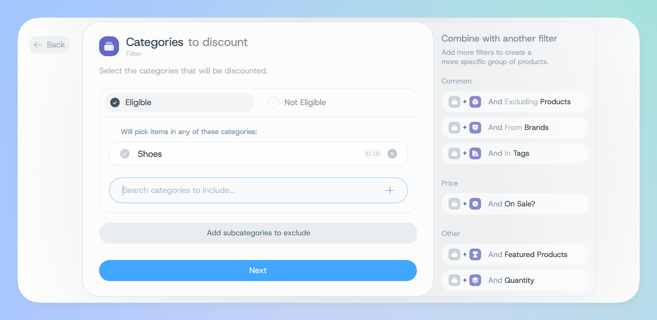 The categories filter with the shoes category added in