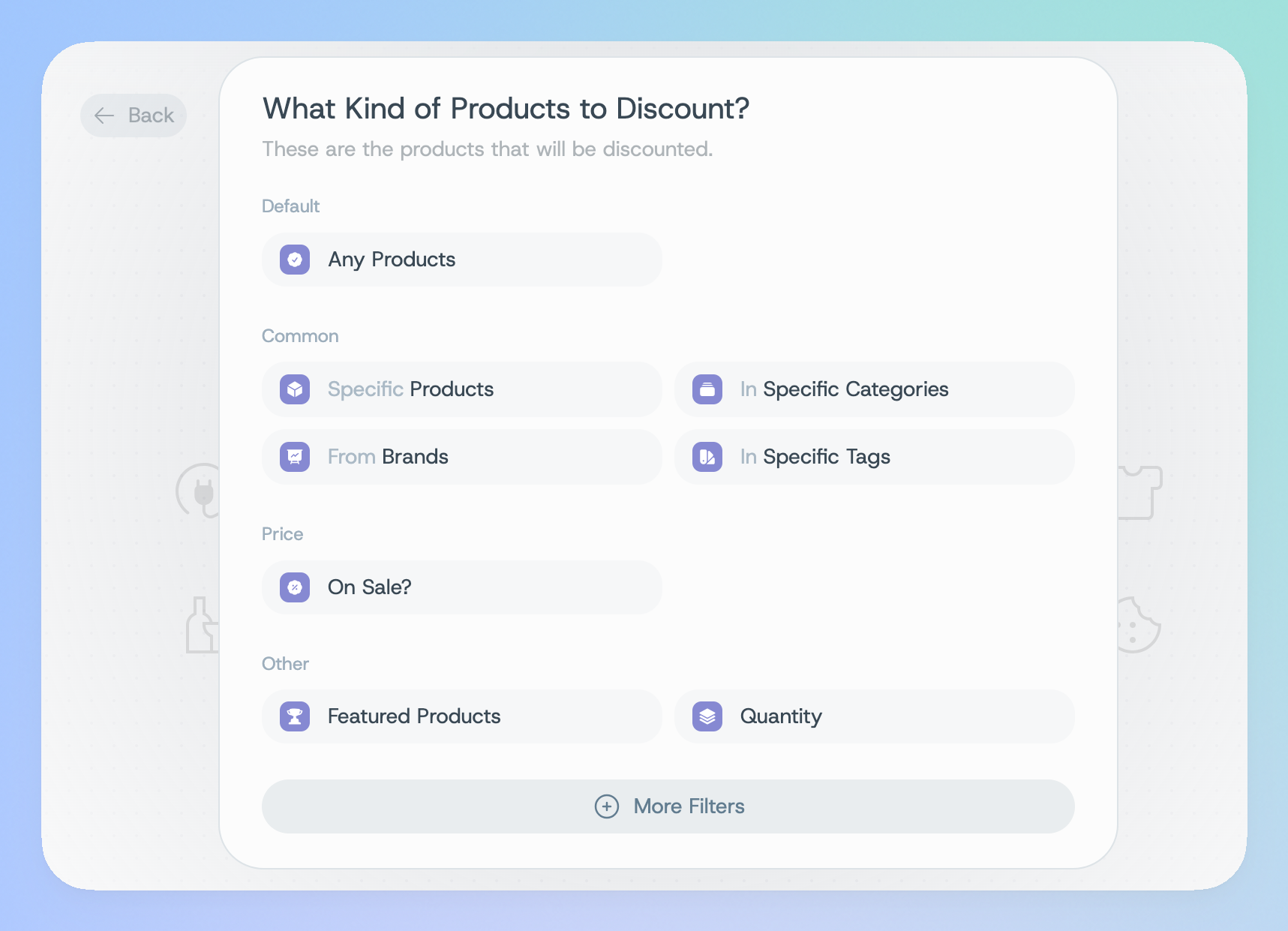 The product filters list selection screen