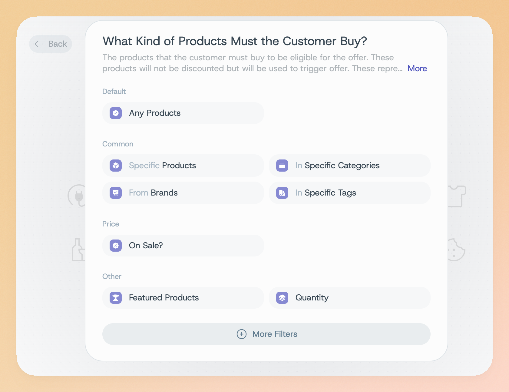 The product filters list selection screen