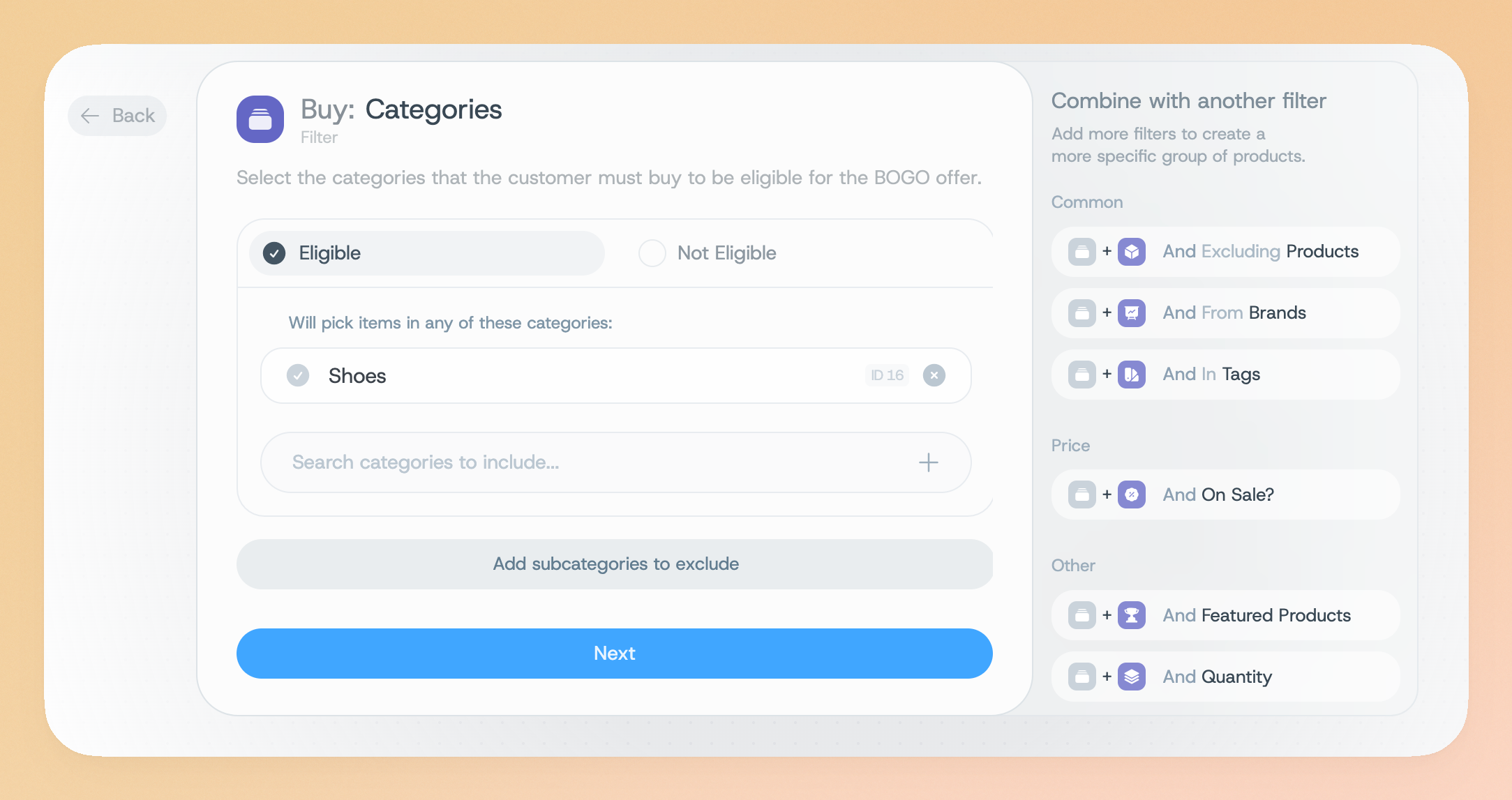 The categories filter with the shoes category added in
