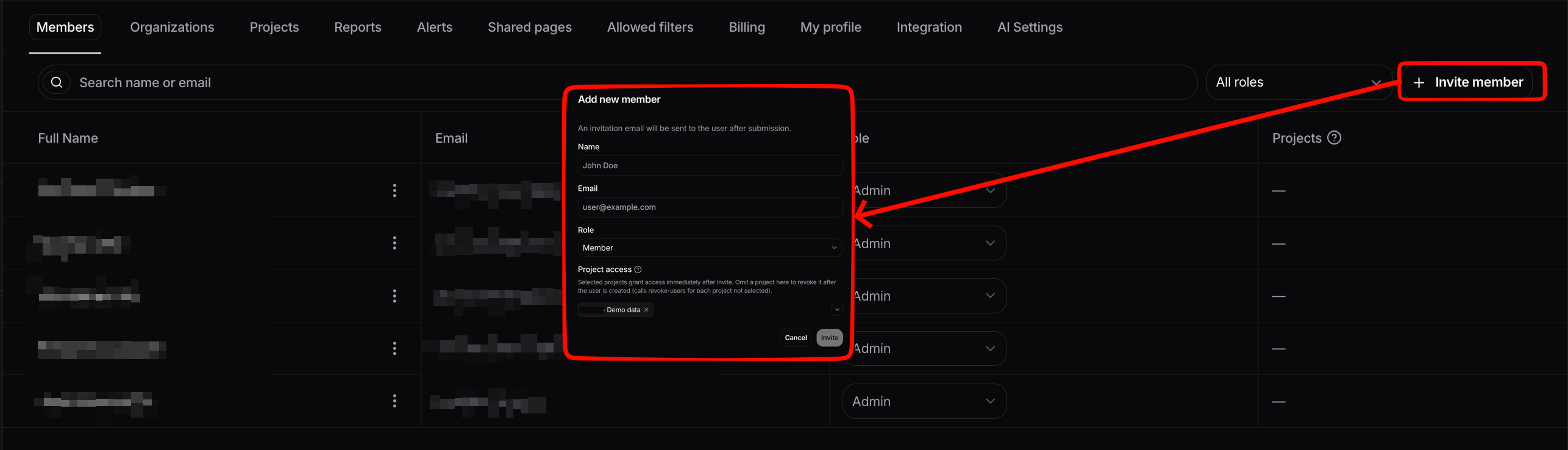Adding a new member manually in Settings → Members