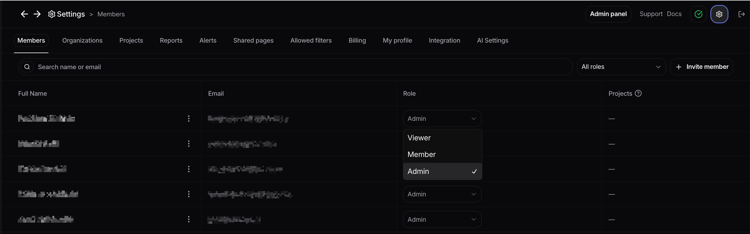 Changing a user's role in Settings → Members