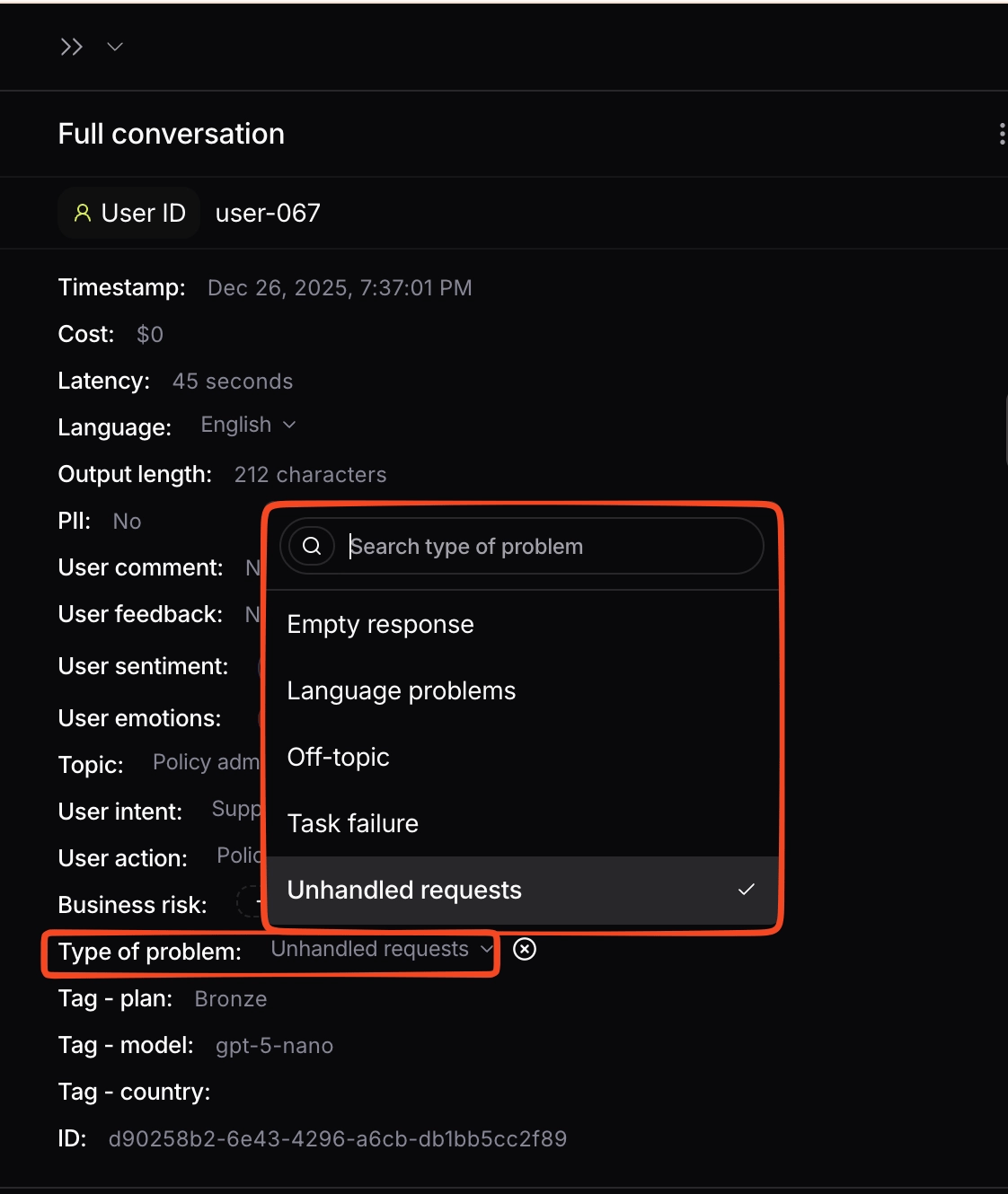 Changing the type of problem on a conversation