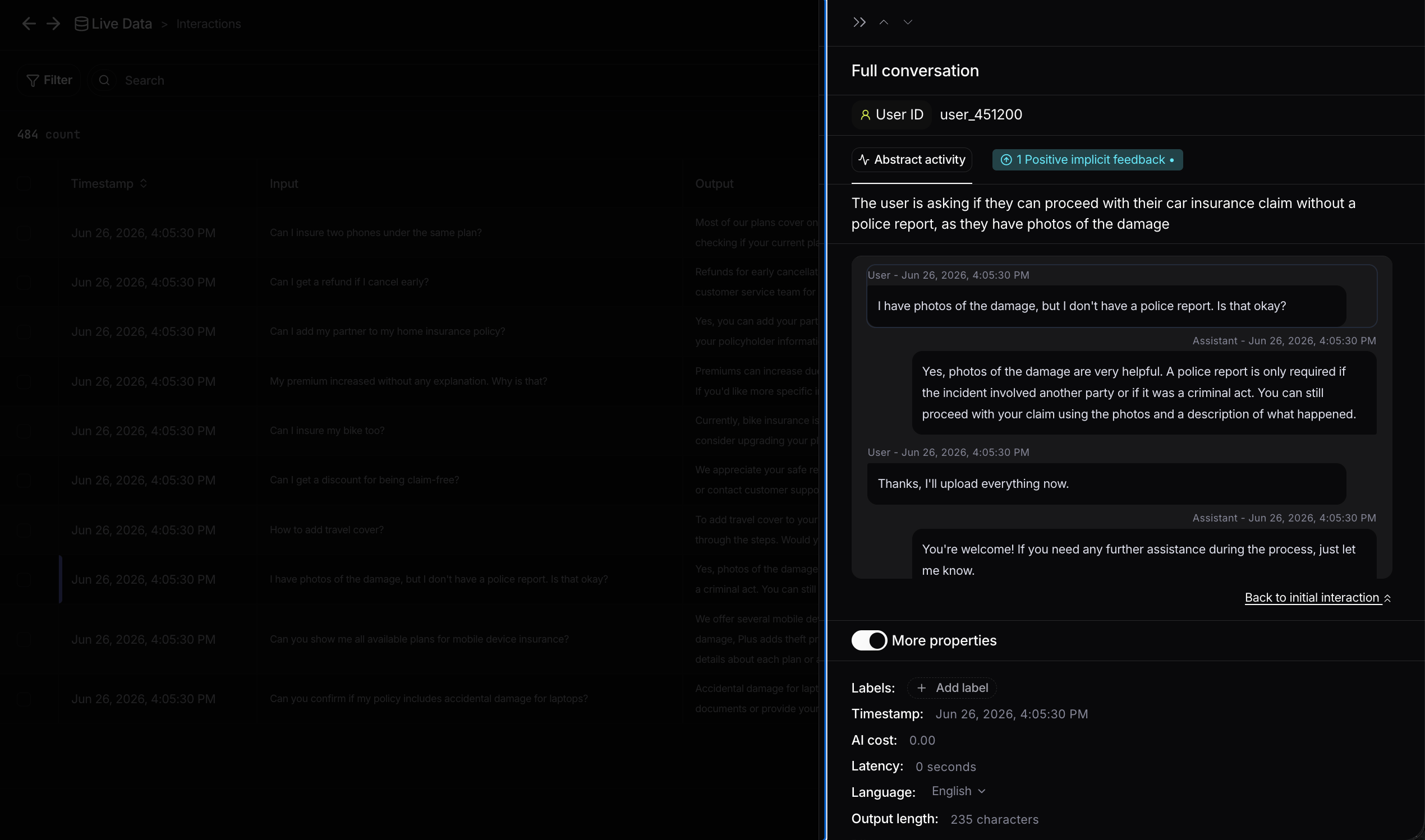 Interaction view showing the full conversation and properties