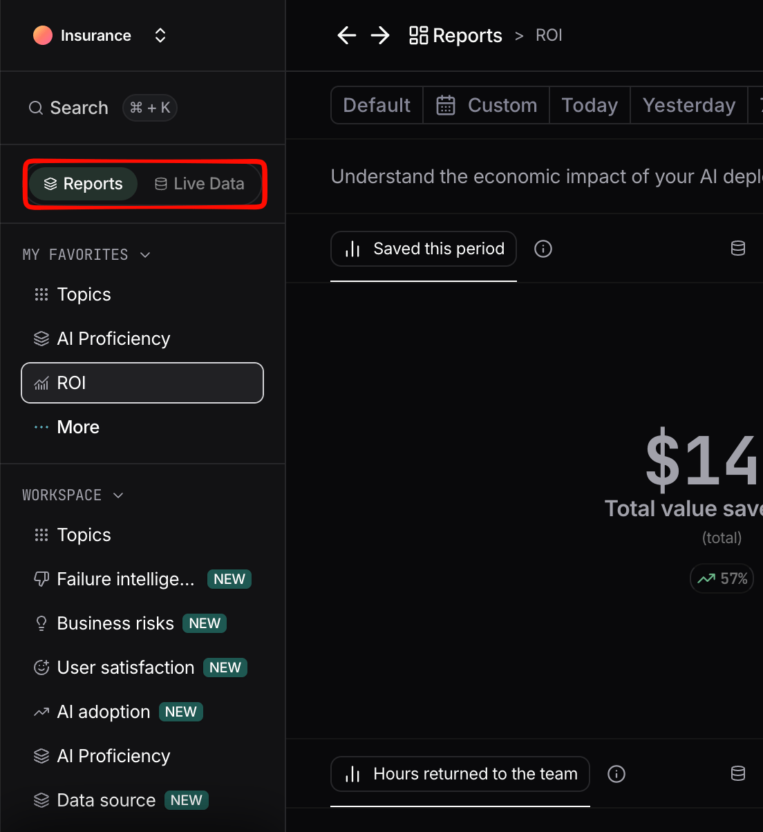 Nebuly sidebar with Reports and Live Data tabs