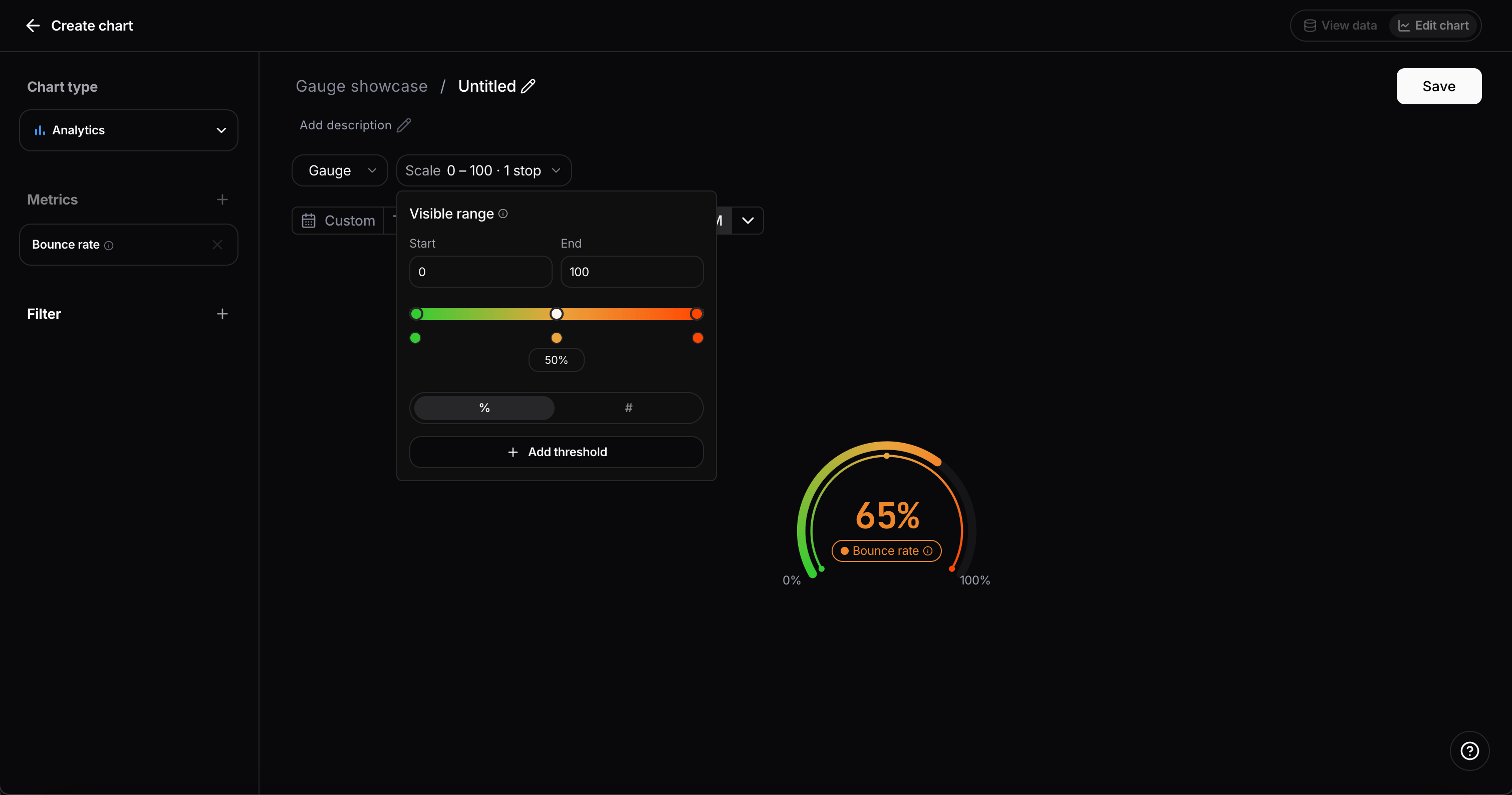 Gauge scale settings popover for configuring visible range and threshold bands