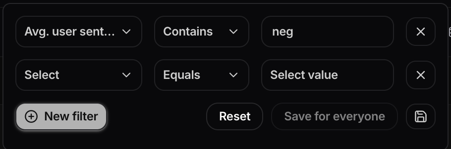 Filter builder with one completed row and a new empty row added by New filter