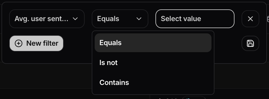 Second pill open showing `Equals`, `Is not`, and `Contains` operators