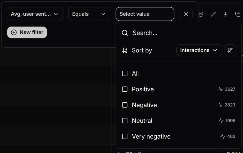Third pill open with selectable values for Avg. user sentiment