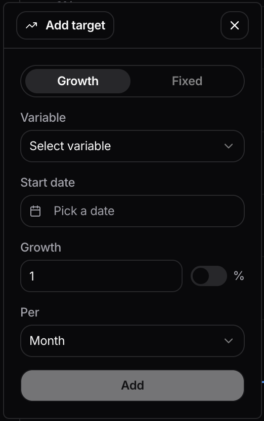 Growth target configuration — start date picker, rate input, and absolute/percentage toggle