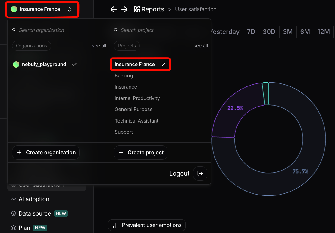 Selecting a sub-project from the project switcher