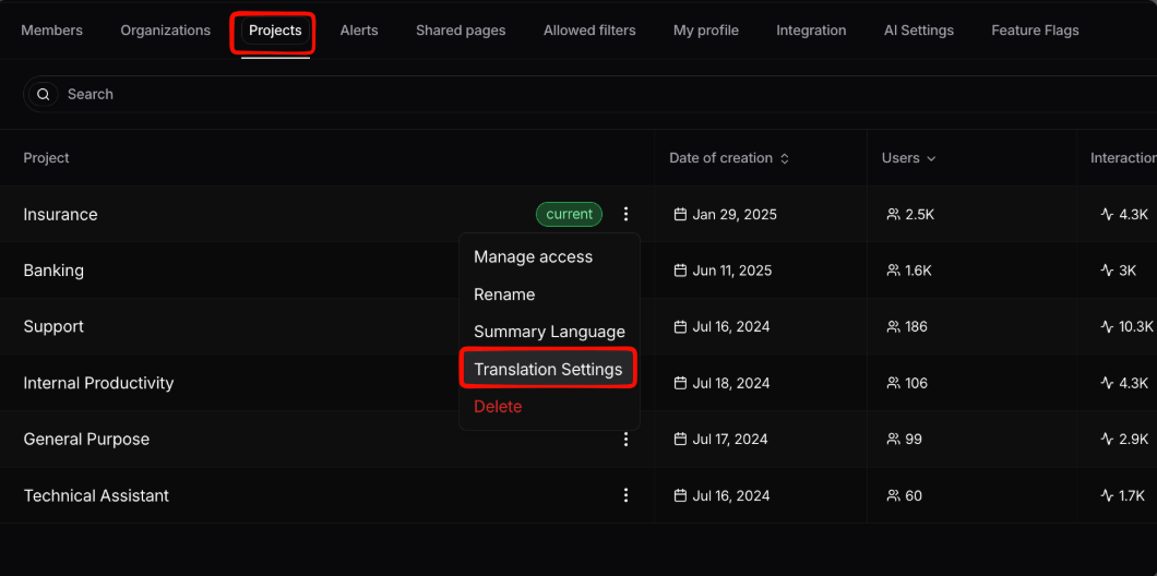 Translation Settings option in the project menu