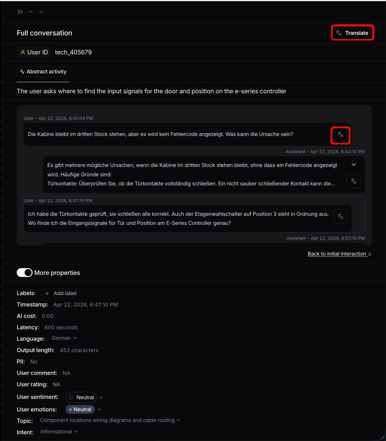 Translation button on the interaction details page