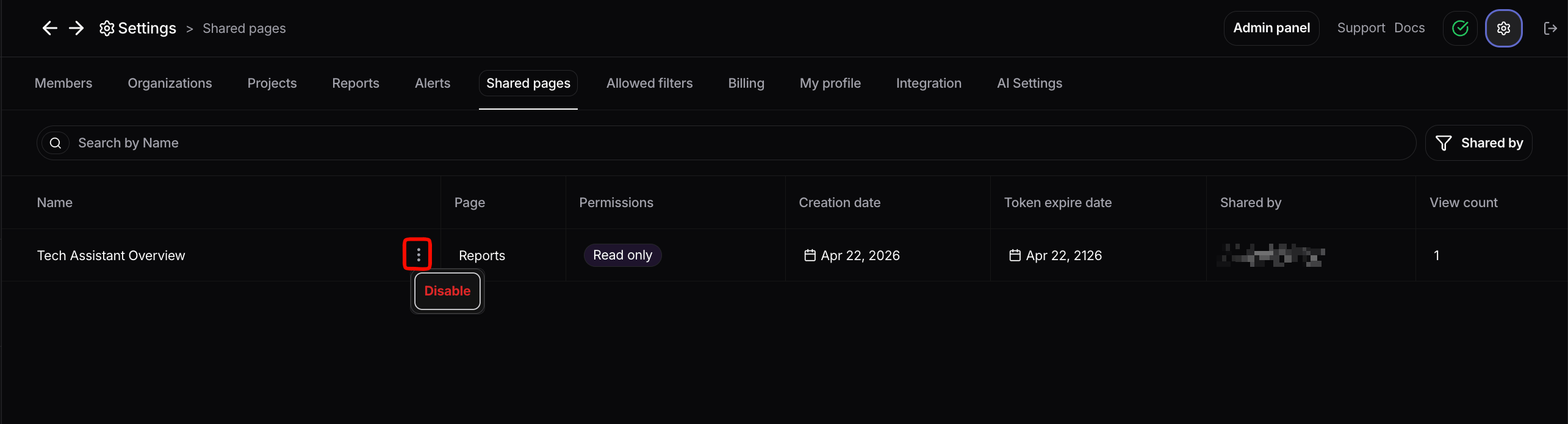 Disabling a shared page in Settings