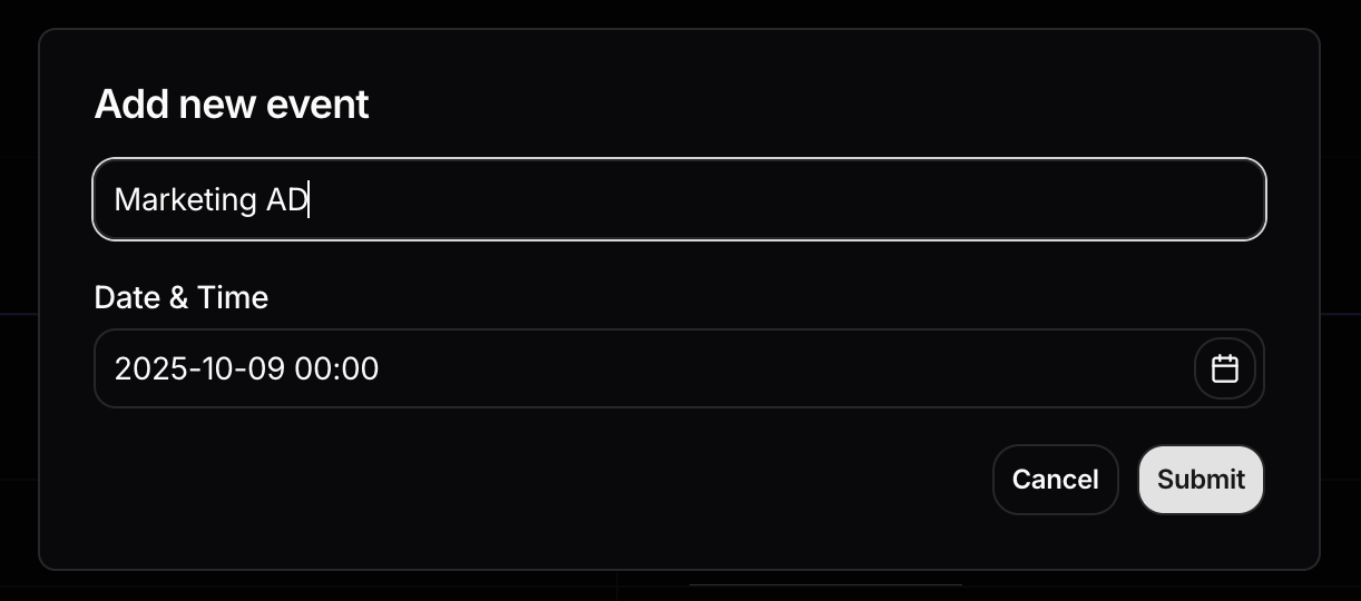 Add event modal with name and date fields