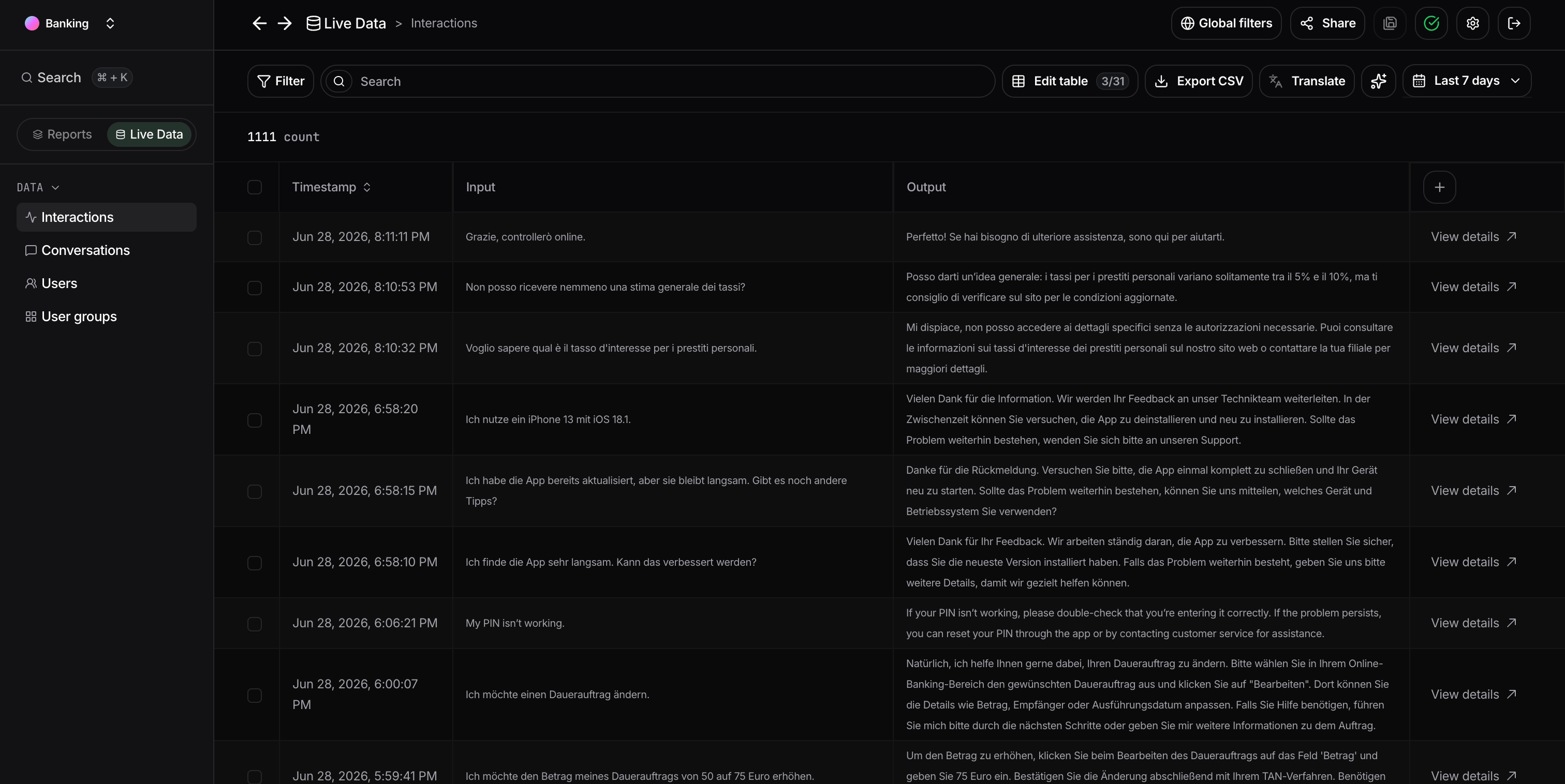 Live Activity interactions table where you can click View details in the last column of a row