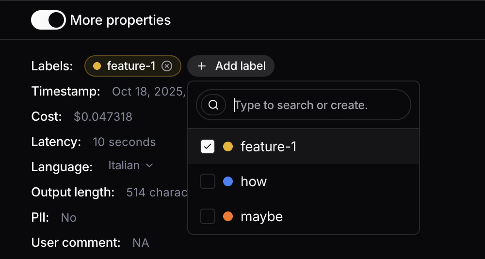 More properties section in the details view where you can add, remove, search, or create labels
